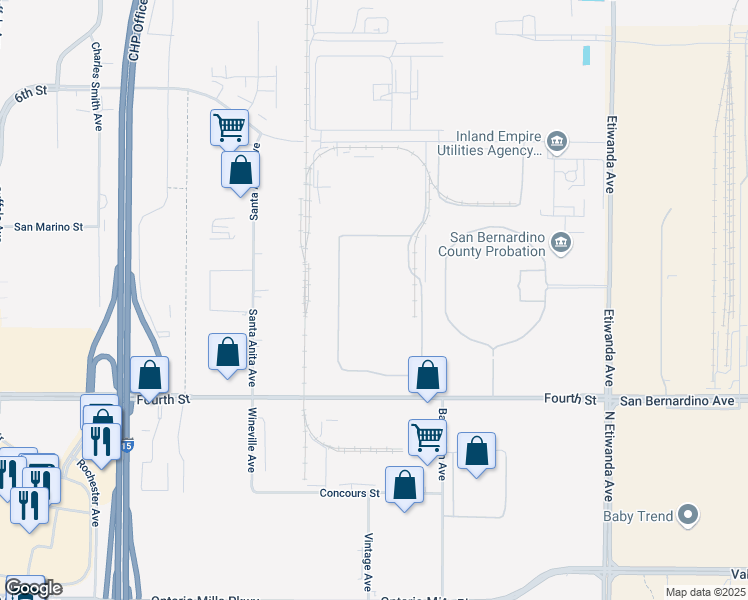 map of restaurants, bars, coffee shops, grocery stores, and more near 12434 Fourth Street in Rancho Cucamonga