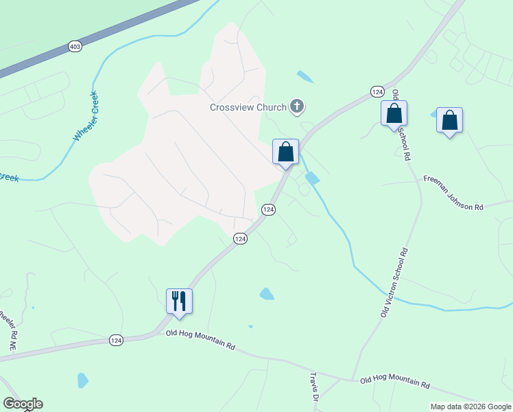 map of restaurants, bars, coffee shops, grocery stores, and more near 1351 Beringer Drive in Hoschton