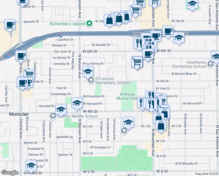 map of restaurants, bars, coffee shops, grocery stores, and more near 1330 West Oakcrest Paseo in Ontario