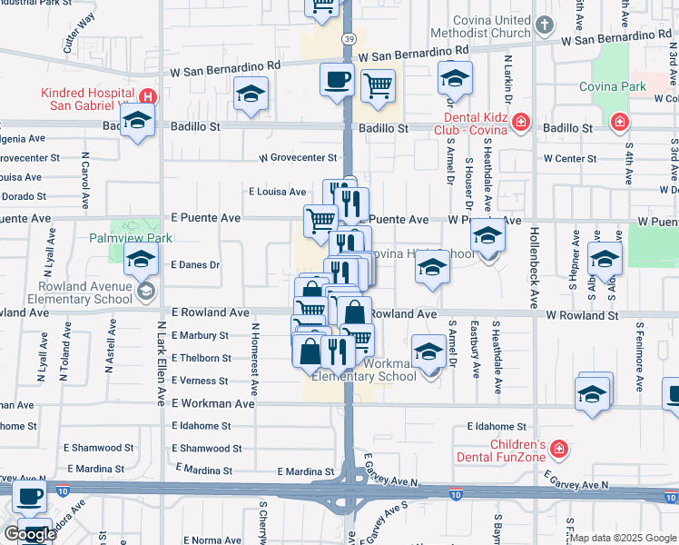 map of restaurants, bars, coffee shops, grocery stores, and more near 532 State Route 39 in West Covina