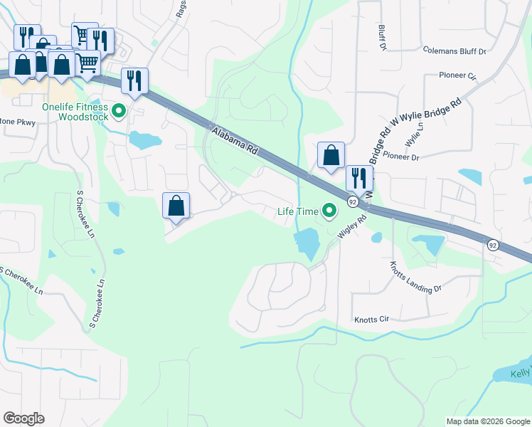 map of restaurants, bars, coffee shops, grocery stores, and more near 607 Tall Timbers in Woodstock