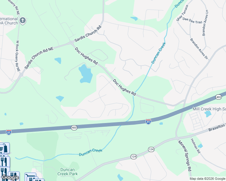 map of restaurants, bars, coffee shops, grocery stores, and more near 4247 Rovello Way Northeast in Buford