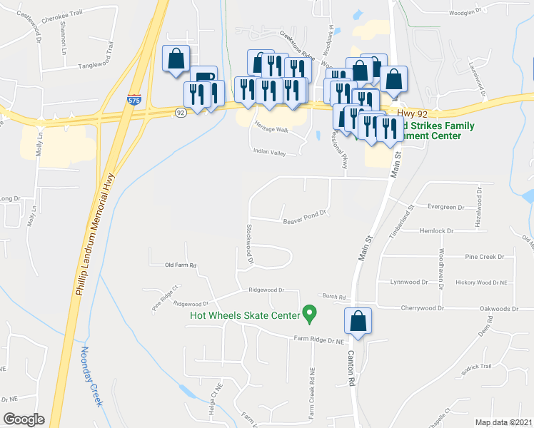 map of restaurants, bars, coffee shops, grocery stores, and more near 210 Beaver Pond Drive in Woodstock