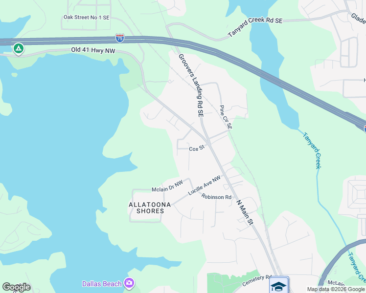 map of restaurants, bars, coffee shops, grocery stores, and more near 5126 Poplar Street in Acworth