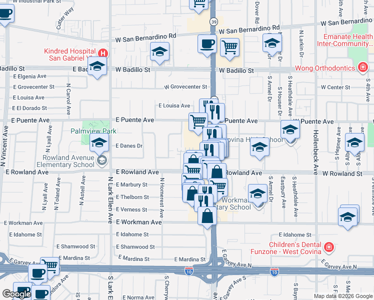 map of restaurants, bars, coffee shops, grocery stores, and more near 1651 East Rowland Avenue in West Covina