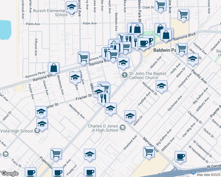map of restaurants, bars, coffee shops, grocery stores, and more near 3770 Bresee Avenue in Baldwin Park