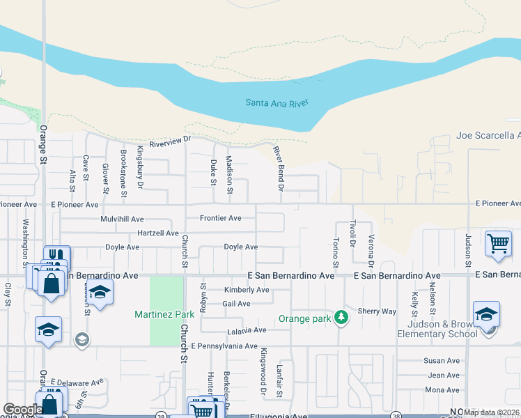 map of restaurants, bars, coffee shops, grocery stores, and more near 1076 Occidental Circle in Redlands