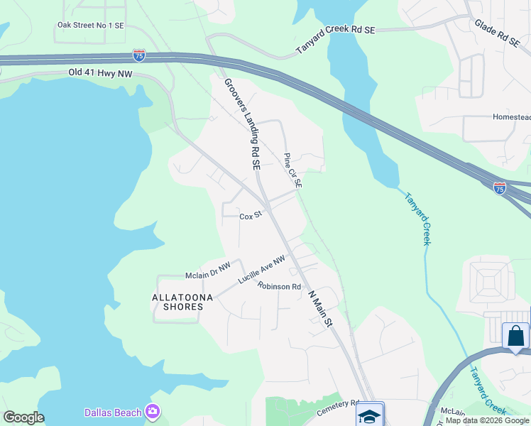 map of restaurants, bars, coffee shops, grocery stores, and more near 6053 North Main Street Southeast in Acworth
