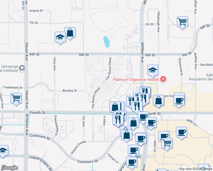 map of restaurants, bars, coffee shops, grocery stores, and more near 11016 Deckhouse Drive in Rancho Cucamonga