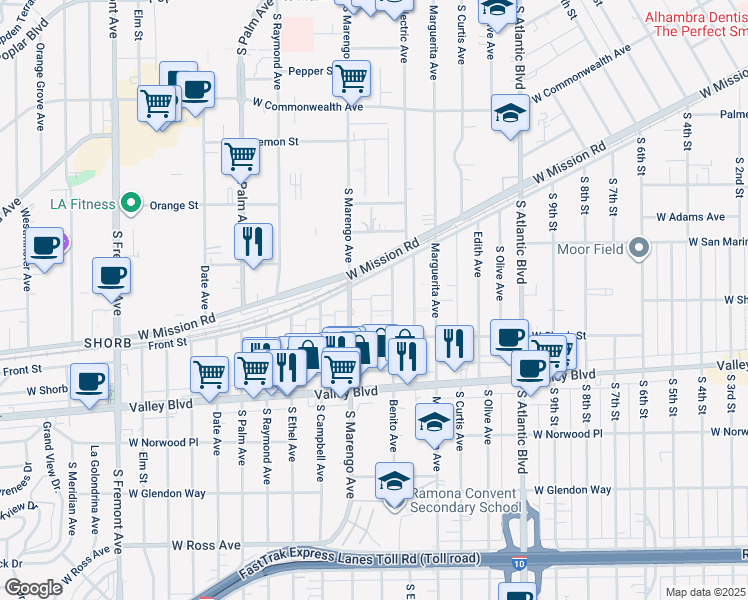 map of restaurants, bars, coffee shops, grocery stores, and more near 1024 South Marengo Avenue in Alhambra
