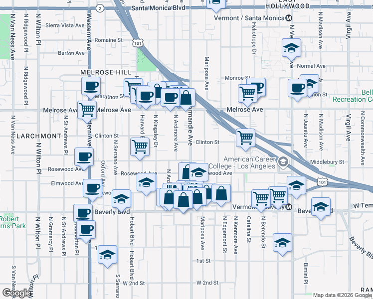 map of restaurants, bars, coffee shops, grocery stores, and more near 505 North Normandie Avenue in Los Angeles
