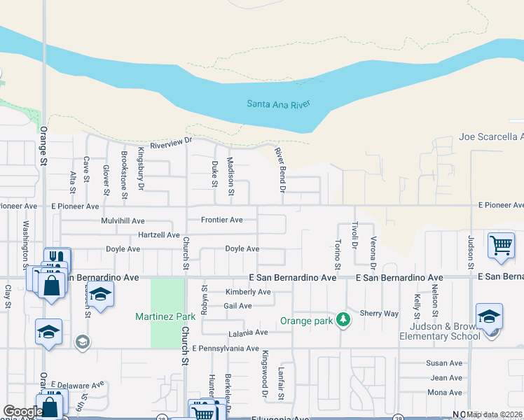 map of restaurants, bars, coffee shops, grocery stores, and more near 1076 Occidental Circle in Redlands
