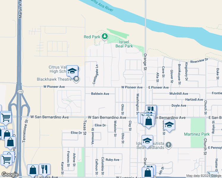 map of restaurants, bars, coffee shops, grocery stores, and more near 415 Baldwin Avenue in Redlands