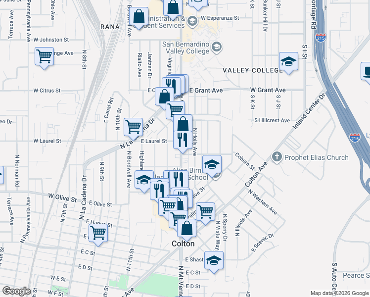 map of restaurants, bars, coffee shops, grocery stores, and more near 1290 North Mount Vernon Avenue in Colton