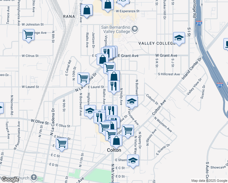 map of restaurants, bars, coffee shops, grocery stores, and more near 1290 North Mount Vernon Avenue in Colton