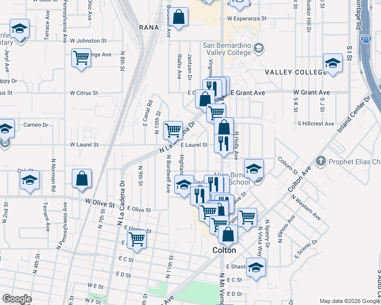 map of restaurants, bars, coffee shops, grocery stores, and more near 1313 Redlands Avenue in Colton