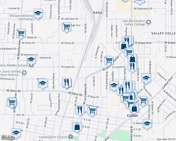 map of restaurants, bars, coffee shops, grocery stores, and more near 1215 North 8th Street in Colton
