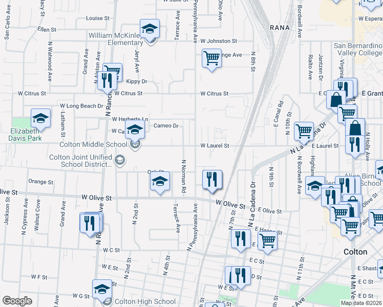 map of restaurants, bars, coffee shops, grocery stores, and more near 1224 North Pennsylvania Avenue in Colton
