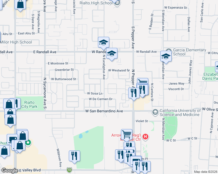 map of restaurants, bars, coffee shops, grocery stores, and more near 1149 Runaway Circle in Colton
