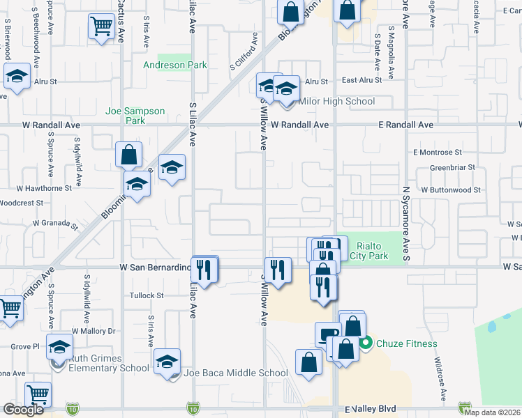 map of restaurants, bars, coffee shops, grocery stores, and more near 1180 South Willow Avenue in Rialto