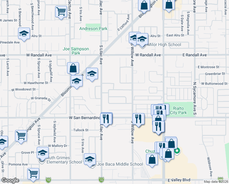 map of restaurants, bars, coffee shops, grocery stores, and more near 375 West Granada Street in Rialto