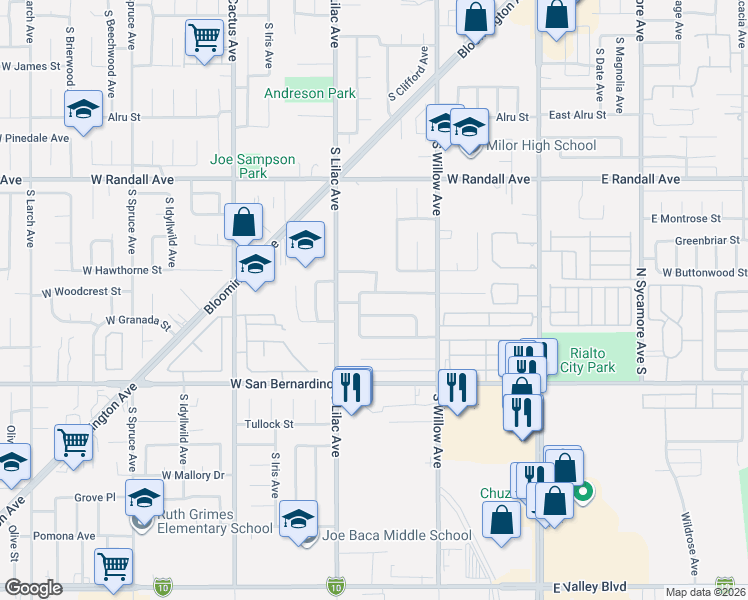map of restaurants, bars, coffee shops, grocery stores, and more near 437 West Granada Street in Rialto