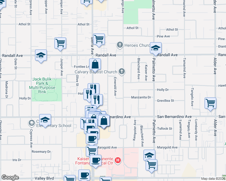 map of restaurants, bars, coffee shops, grocery stores, and more near 9566 Acacia Avenue in Fontana