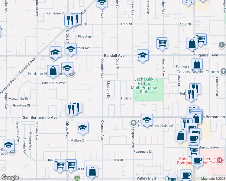 map of restaurants, bars, coffee shops, grocery stores, and more near 9565 Date Street in Fontana