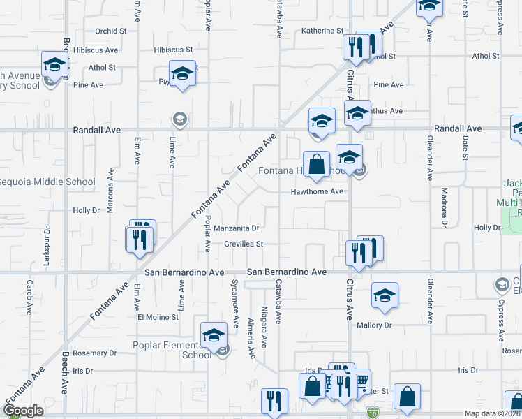map of restaurants, bars, coffee shops, grocery stores, and more near 9570 Niagara Drive in Fontana