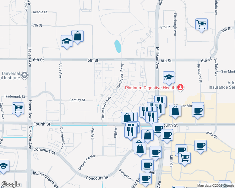 map of restaurants, bars, coffee shops, grocery stores, and more near 11016 Deckhouse Drive in Rancho Cucamonga