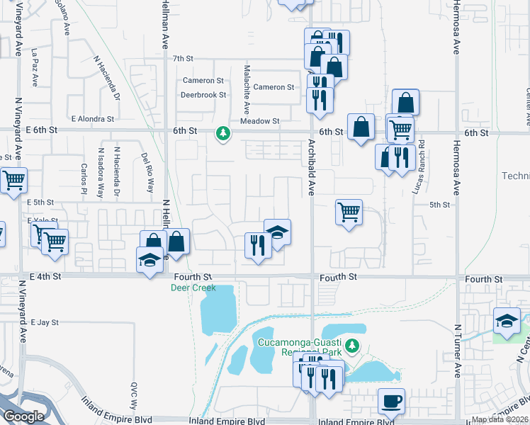 map of restaurants, bars, coffee shops, grocery stores, and more near 9539 Brook Drive in Rancho Cucamonga
