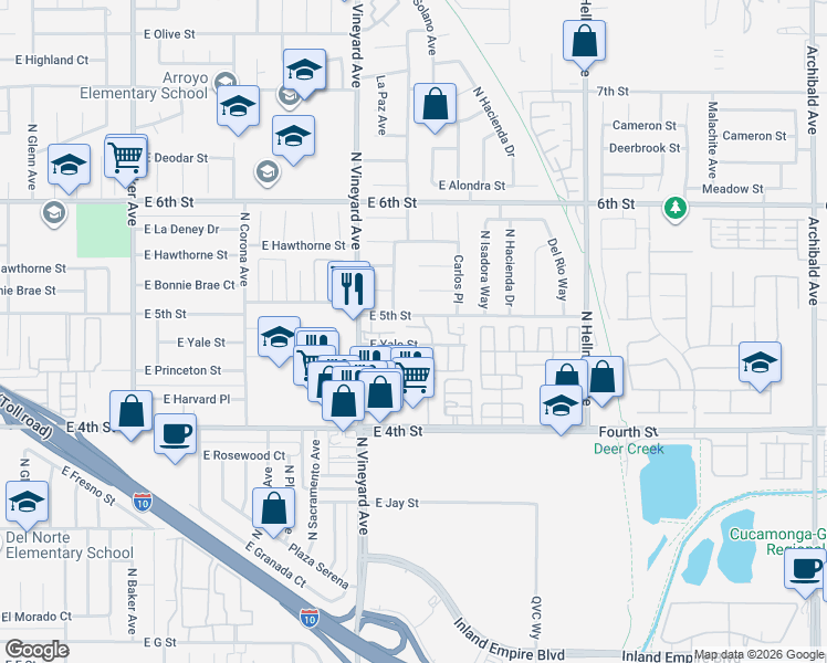 map of restaurants, bars, coffee shops, grocery stores, and more near 2002 East Yale Street in Ontario