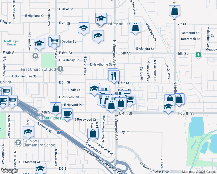 map of restaurants, bars, coffee shops, grocery stores, and more near 1215 North Vineyard Avenue in Ontario