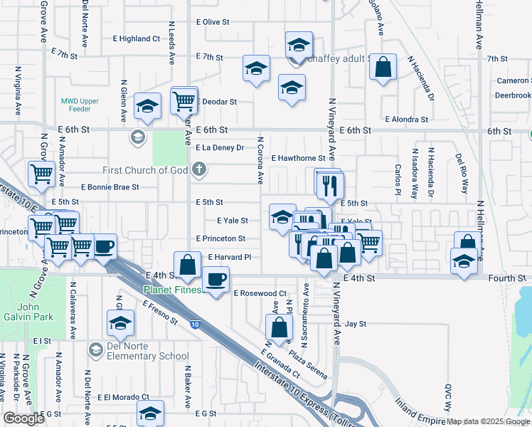 map of restaurants, bars, coffee shops, grocery stores, and more near 1755 East Princeton Street in Ontario