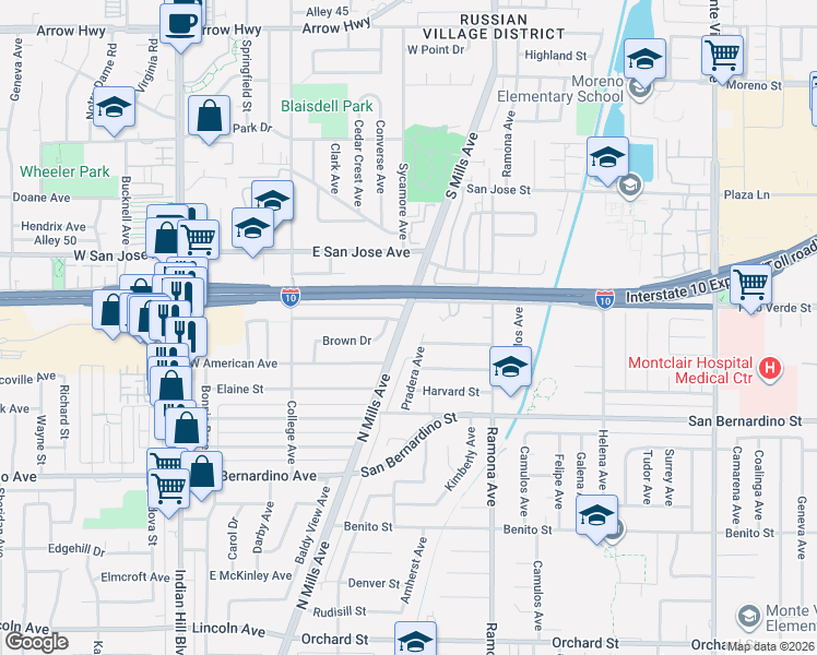map of restaurants, bars, coffee shops, grocery stores, and more near 188 Brown Drive in Claremont