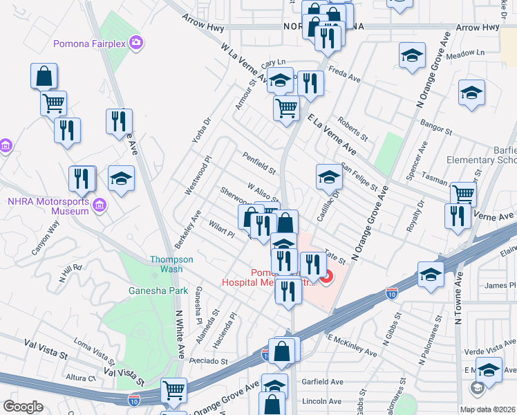 map of restaurants, bars, coffee shops, grocery stores, and more near 201 West Willow Street in Pomona