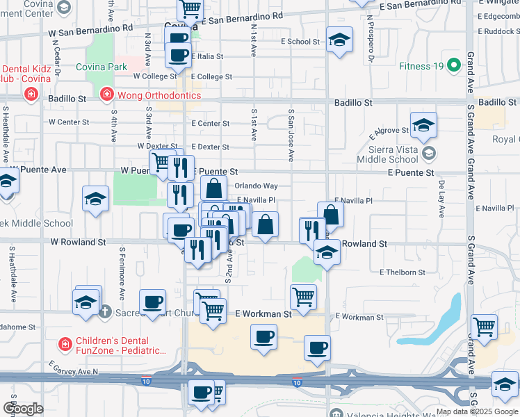 map of restaurants, bars, coffee shops, grocery stores, and more near 526 South 1st Avenue in Covina