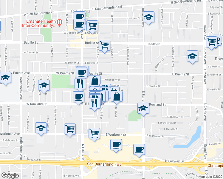 map of restaurants, bars, coffee shops, grocery stores, and more near 529 1/2 South Eremland Drive in Covina