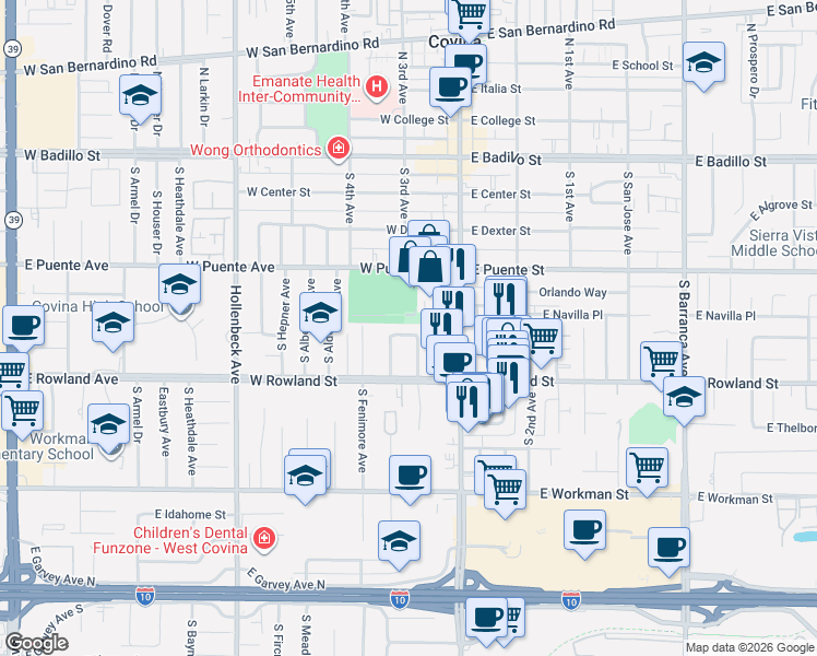 map of restaurants, bars, coffee shops, grocery stores, and more near 538 South Calvados Avenue in Covina