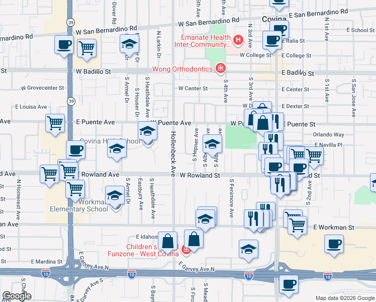 map of restaurants, bars, coffee shops, grocery stores, and more near 546 South Hepner Avenue in Covina