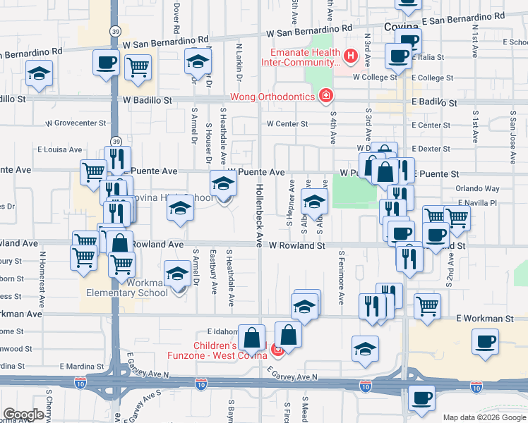 map of restaurants, bars, coffee shops, grocery stores, and more near 550 South Hollenbeck Avenue in Covina