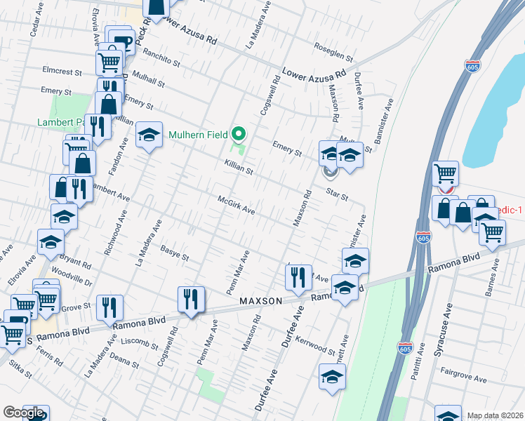 map of restaurants, bars, coffee shops, grocery stores, and more near 12104 Mc Girk Avenue in El Monte