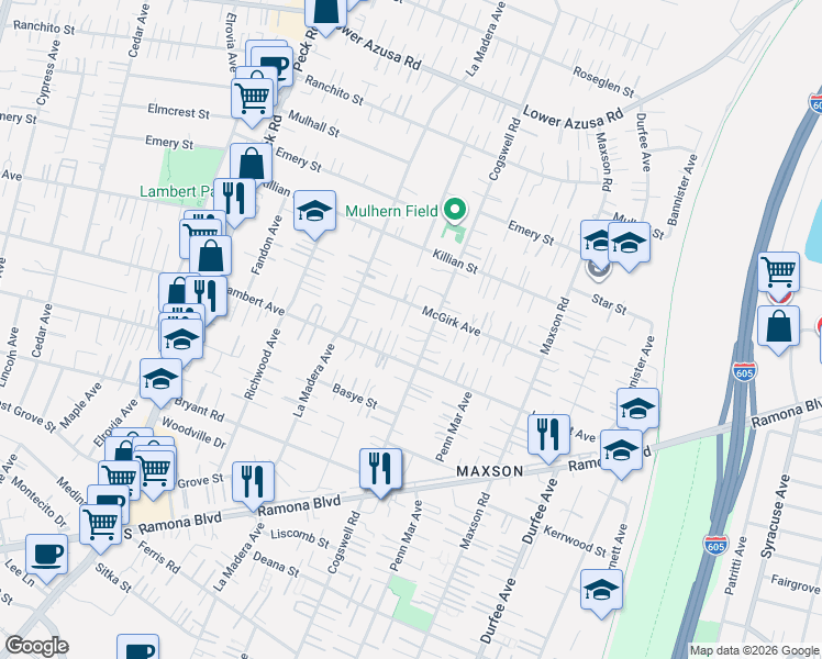 map of restaurants, bars, coffee shops, grocery stores, and more near 4313 Cogswell Road in El Monte