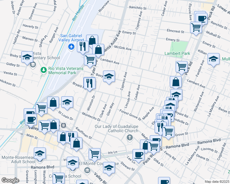 map of restaurants, bars, coffee shops, grocery stores, and more near 4018 Clark Avenue in El Monte