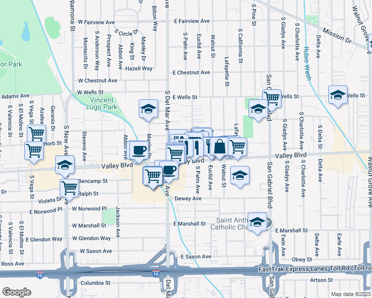 map of restaurants, bars, coffee shops, grocery stores, and more near 205 East Valley Boulevard in San Gabriel