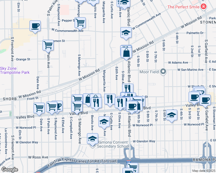 map of restaurants, bars, coffee shops, grocery stores, and more near 1029 Edith Avenue in Alhambra