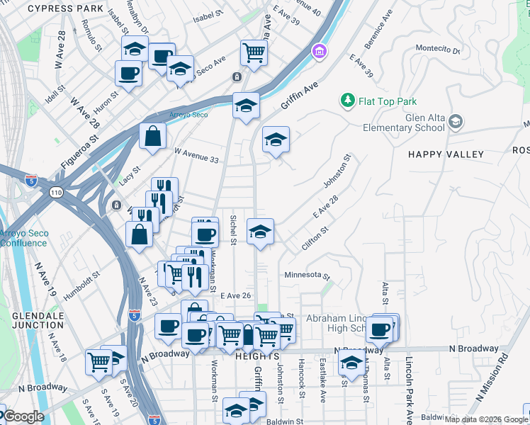 map of restaurants, bars, coffee shops, grocery stores, and more near 2821 Griffin Avenue in Los Angeles