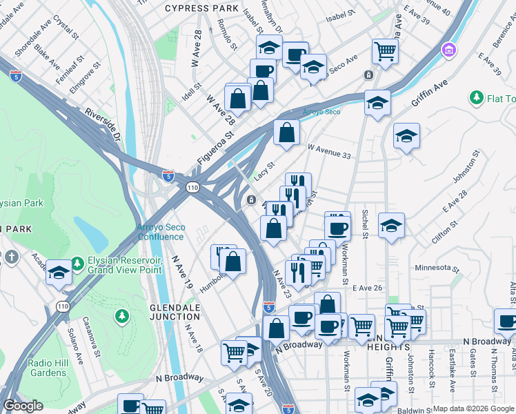map of restaurants, bars, coffee shops, grocery stores, and more near 330 West Avenue 26 in Los Angeles