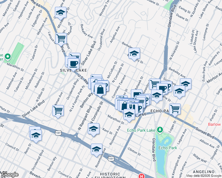 map of restaurants, bars, coffee shops, grocery stores, and more near 1133 Coronado Terrace in Los Angeles