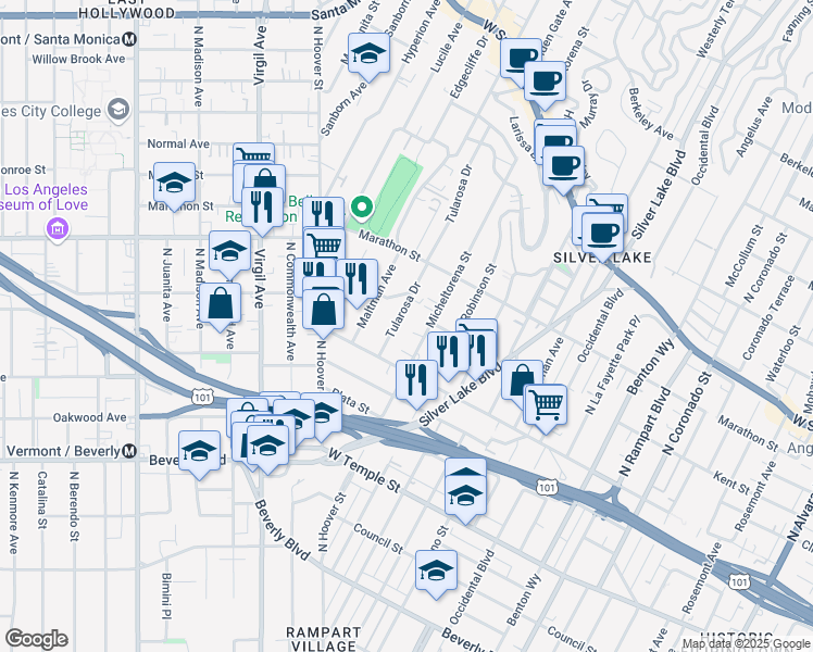 map of restaurants, bars, coffee shops, grocery stores, and more near 623 Micheltorena Street in Los Angeles